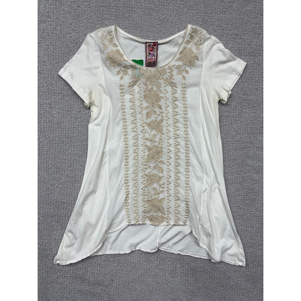 Johnny Was Cream Embroidered Short Sleeve Shirt Size L #69700